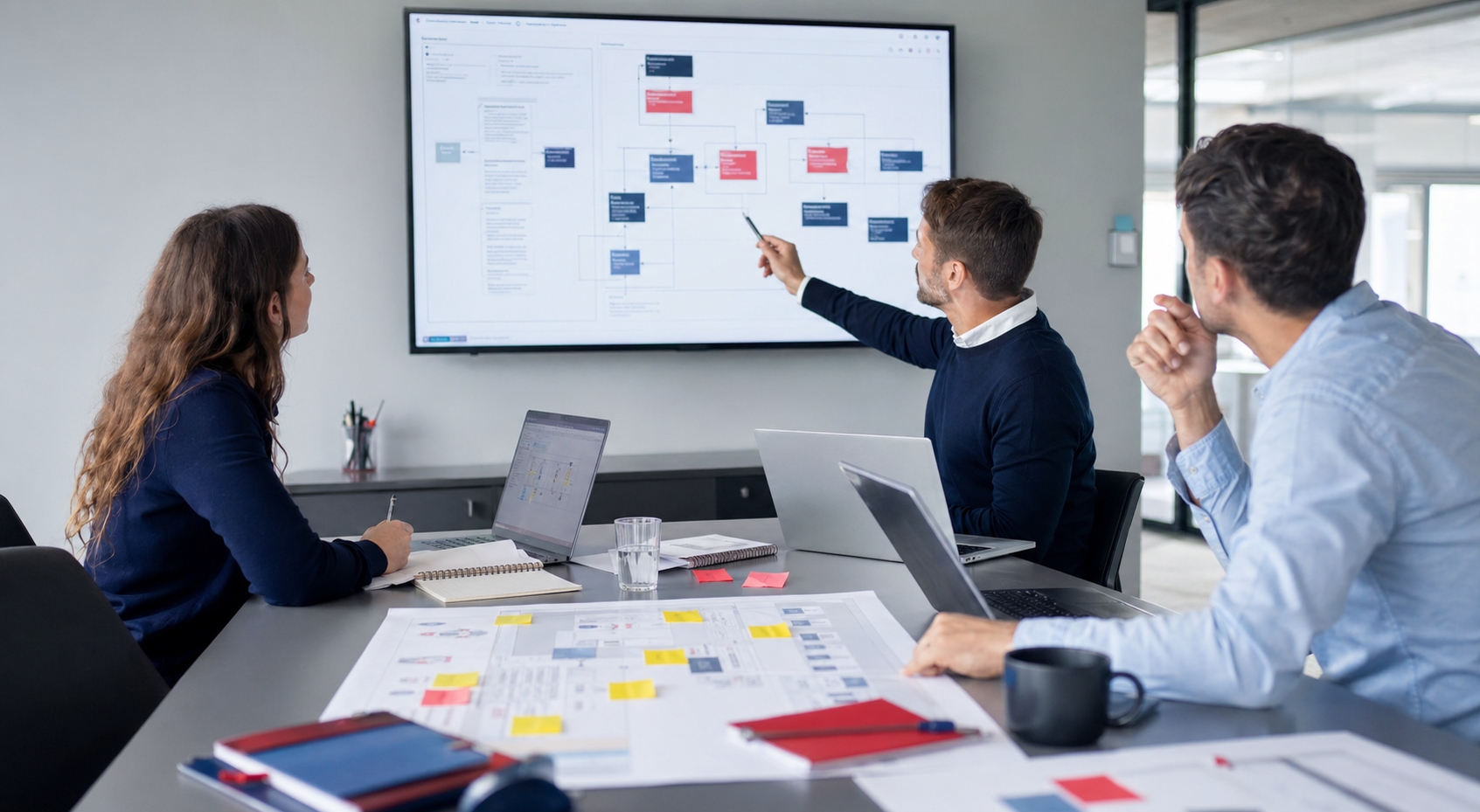 Consulting team mapping a software automation workflow in a modern conference room.