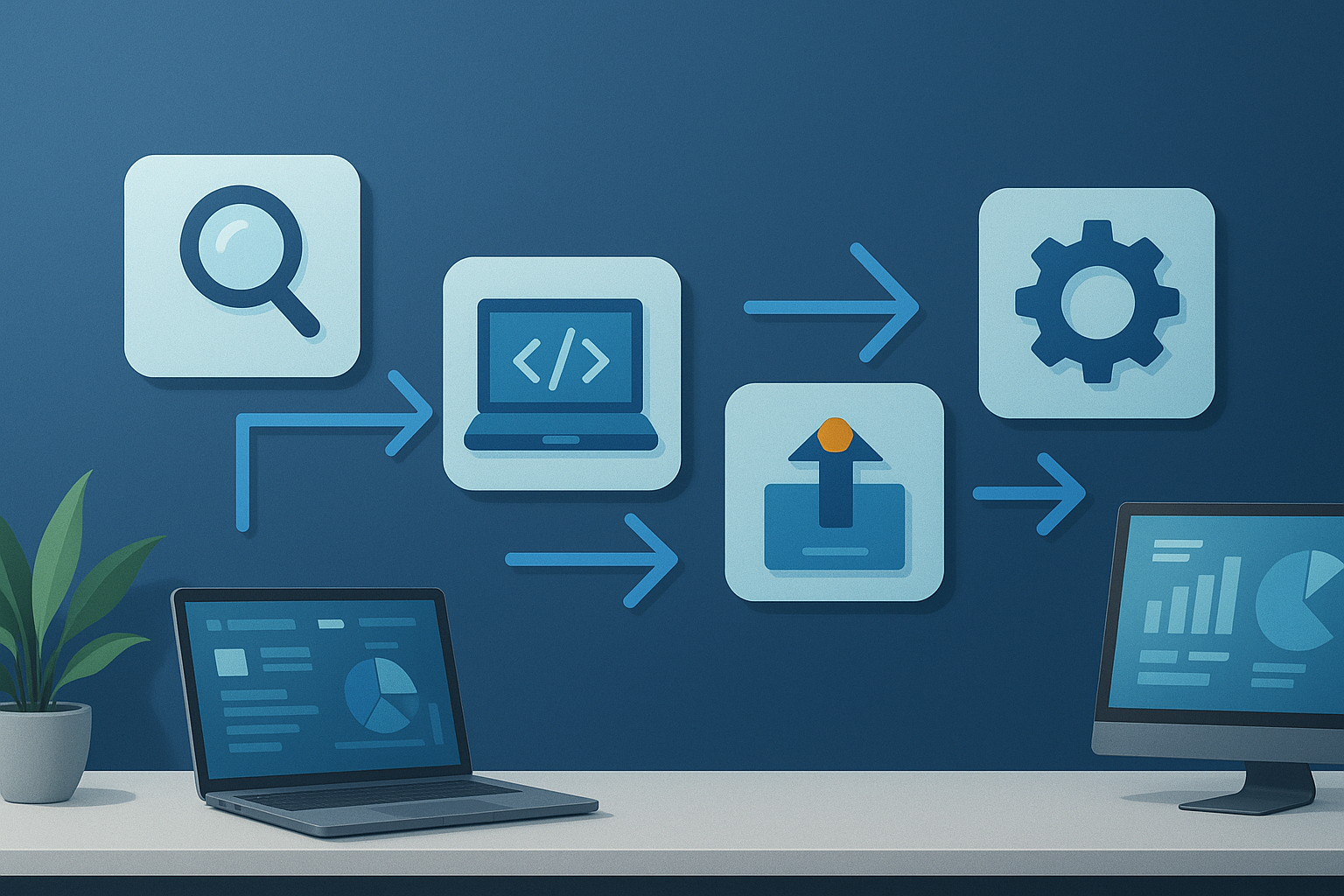 Four-step service delivery flow showing discovery, build, deploy, and iterate.